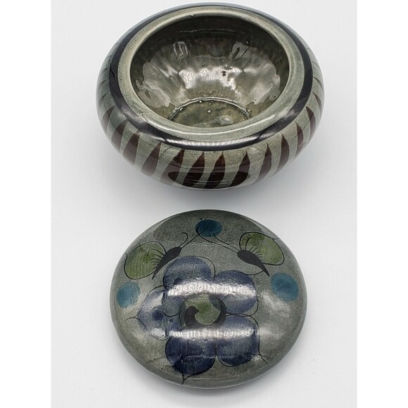 Tonala Mexico Lidded Trinket Dish Yellow Butterfies & Blue Flower Jewelry VTG - Picture 2 of 12